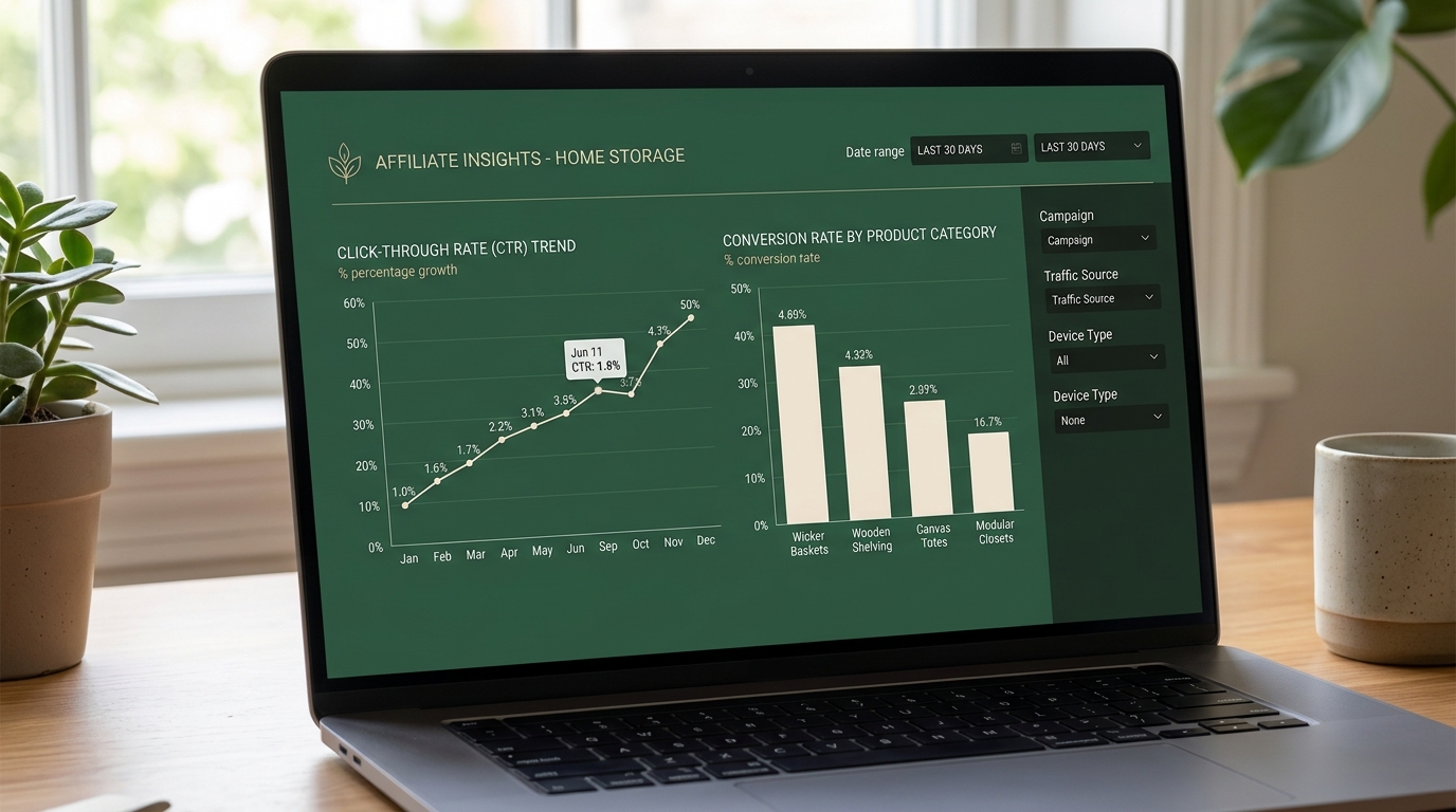 a laptop screen showing a performance dashboard with click-through rate and conversion charts for a home storage affiliate campaign