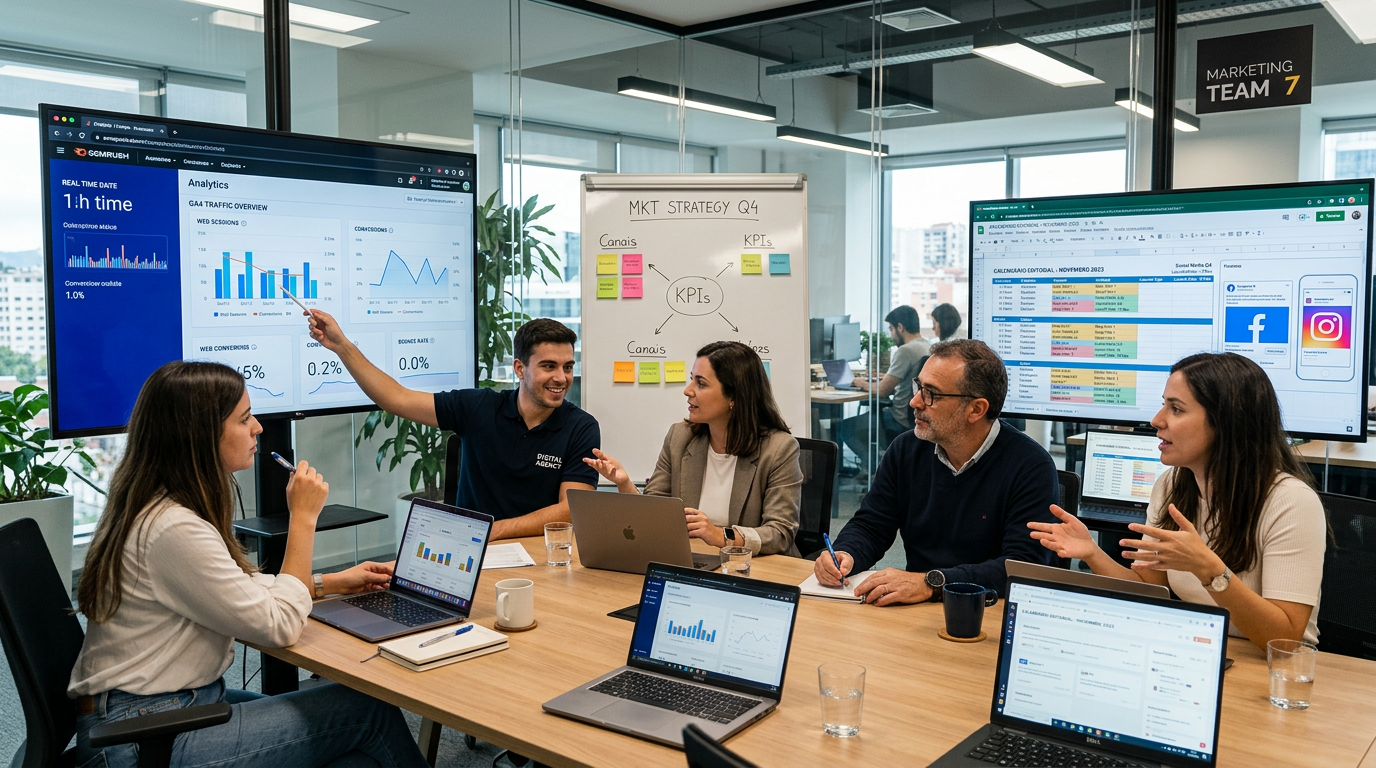 Equipa de uma agência de marketing digital em reunião estratégica, com ecrãs mostrando dashboards de analytics, calendários editoriais e campanhas publicitárias, ambiente profissional e colaborativo