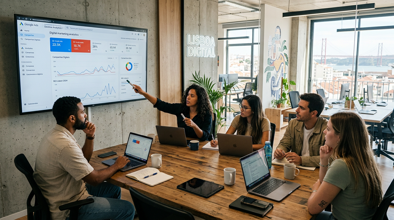 Fotografia de uma reunião de trabalho numa agência de marketing digital moderna em Lisboa, com uma equipa jovem e diversificada a analisar dados de campanhas digitais num ecrã grande, com luz natural e decoração contemporânea