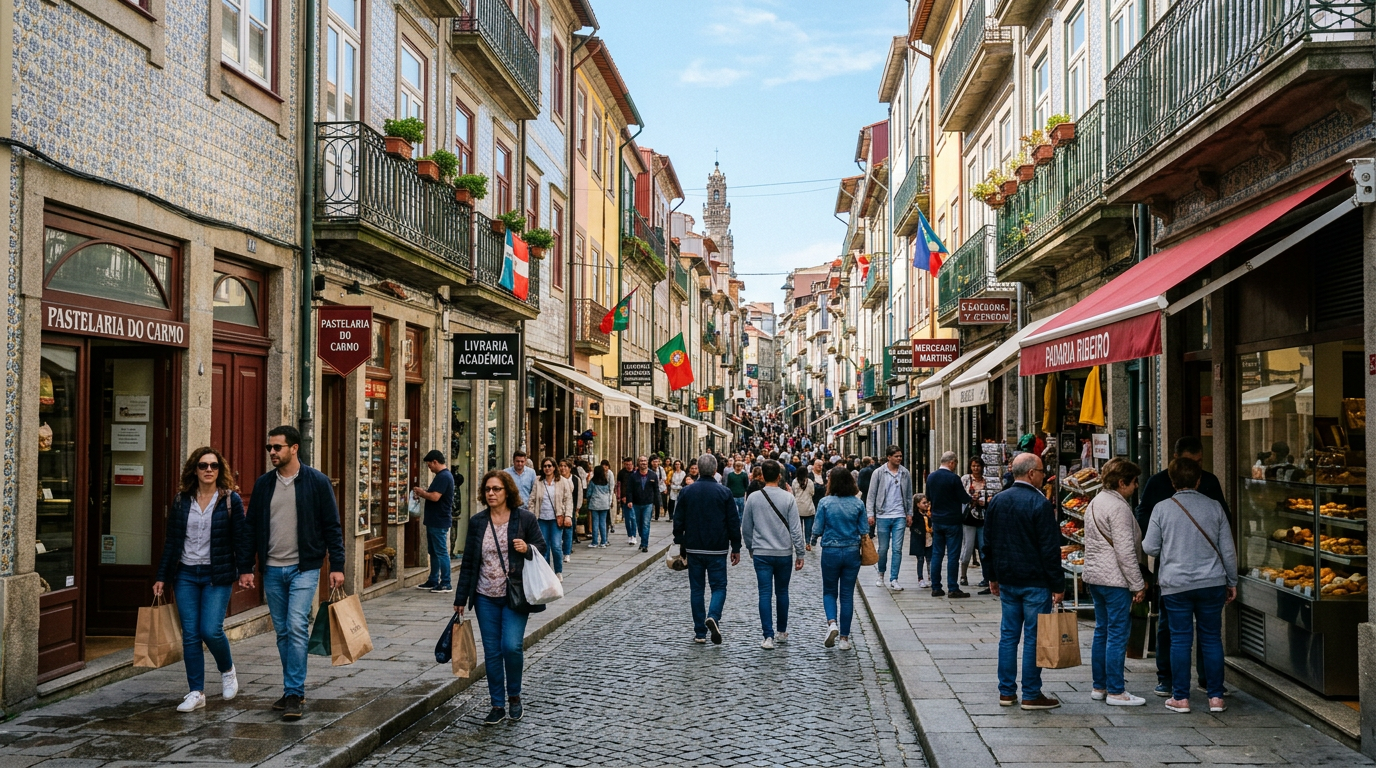 Fotografia de uma rua comercial no Porto durante o dia, com pequenas lojas locais e pessoas a caminhar, transmitindo o dinamismo do tecido empresarial da cidade