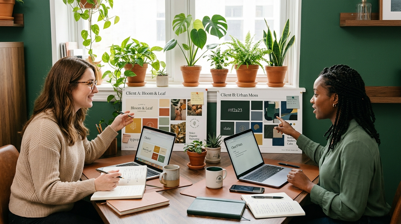 two colleagues at a desk comparing distinct client brand boards with different colour palettes and voice notes, plants on the windowsill