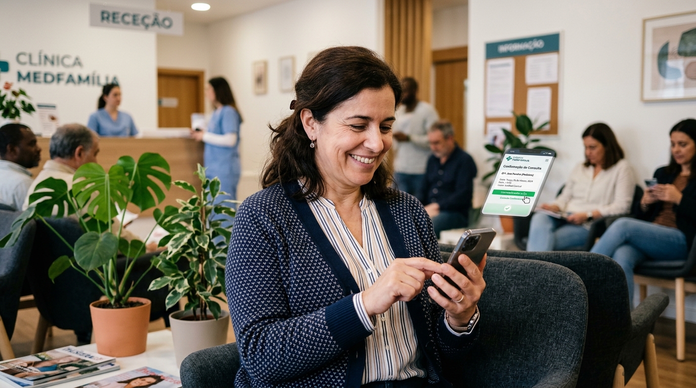 Fotografia de uma paciente a confirmar uma marcação médica através do telemóvel, com interface de agendamento visível no ecrã, ambiente de espera de clínica ao fundo