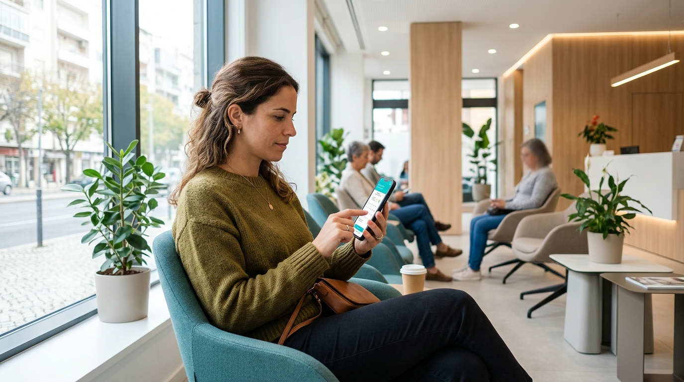 Fotografia de uma mulher a utilizar um smartphone com a ecrã a mostrar uma interface de agendamento de consulta médica, sentada numa sala de espera luminosa com design contemporâneo