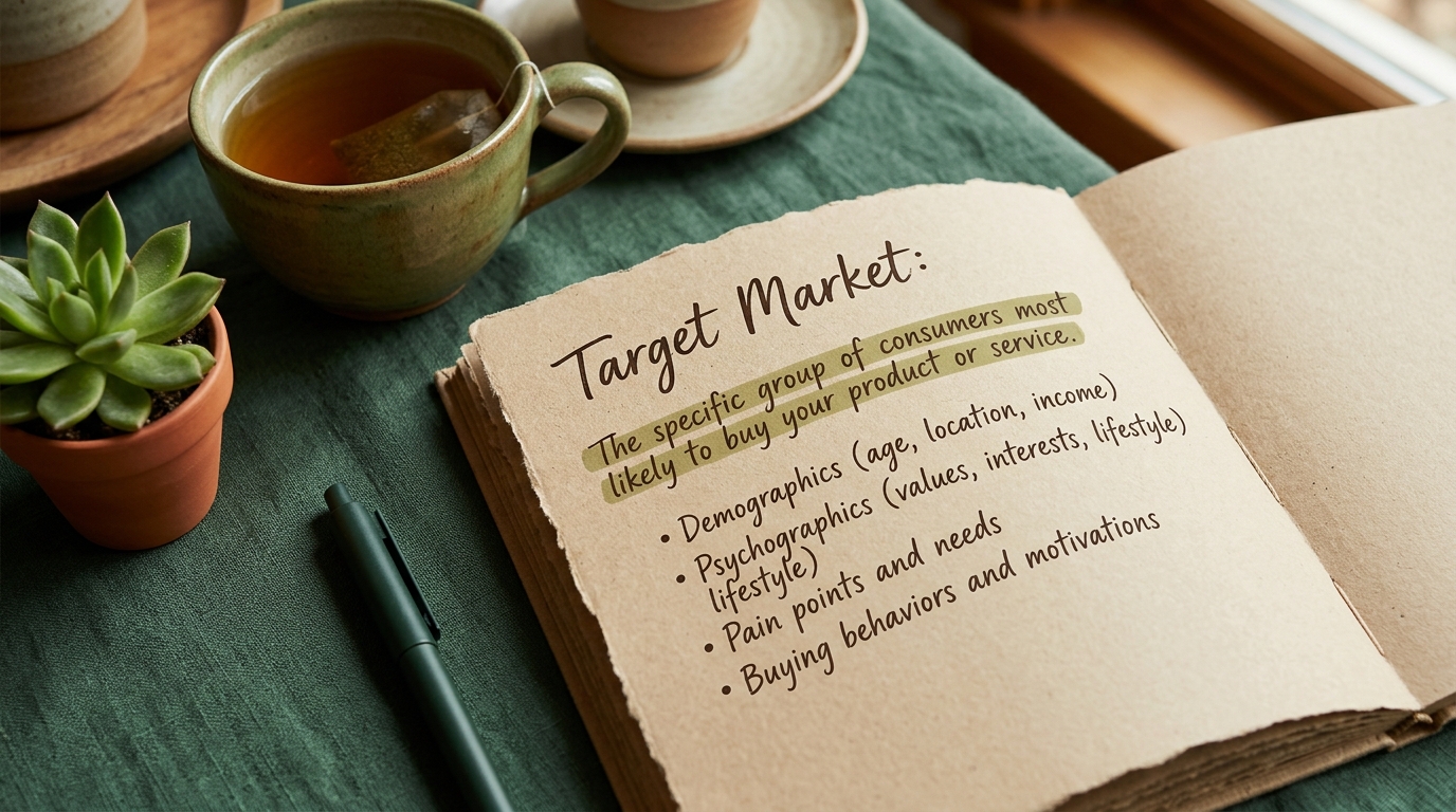 an open notebook on a linen-covered table showing a heading, a short highlighted definition, and a bulleted list, beside a cup of tea and a small green plant