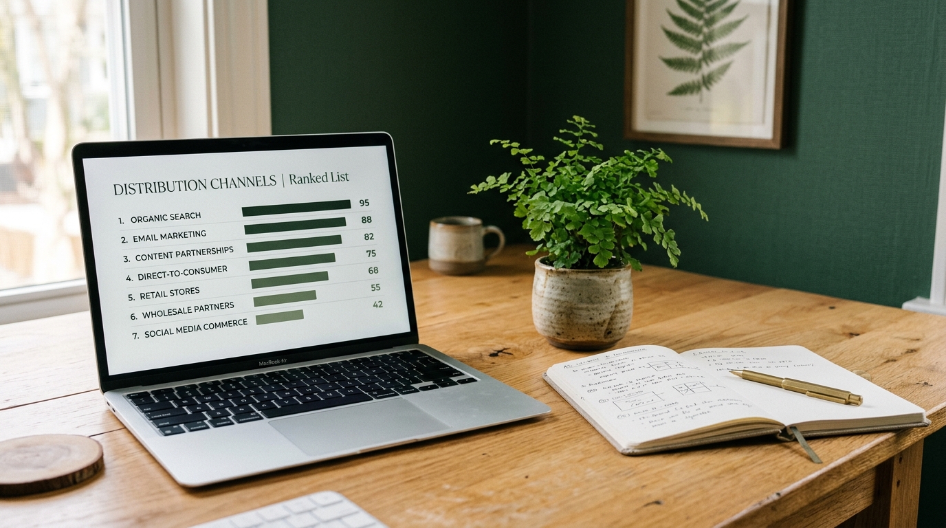 A laptop on a light oak desk showing a ranked list of distribution channels with simple bar scores, beside a notebook and a small potted fern