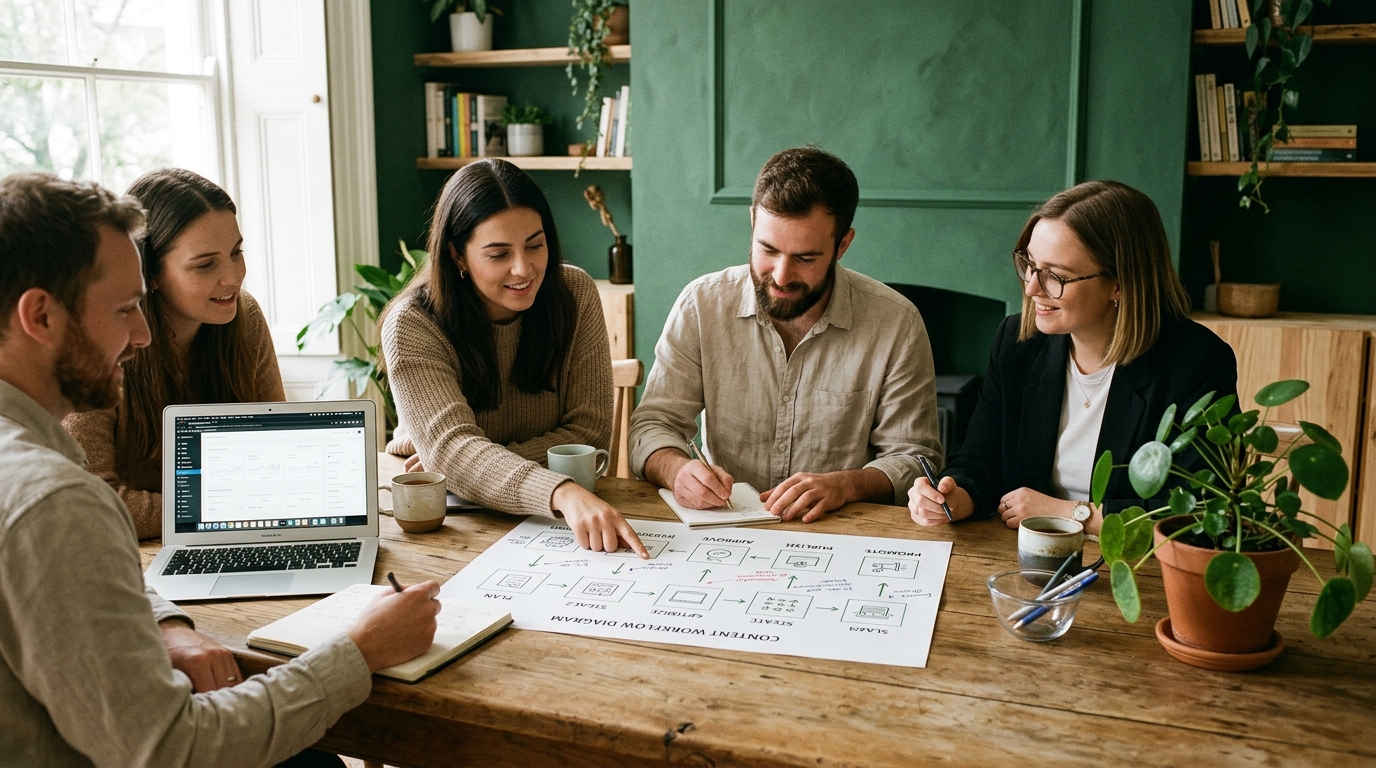 A marketing team around a wooden table reviewing a printed six-stage content workflow diagram with notes, a laptop, and a green plant in soft natural light