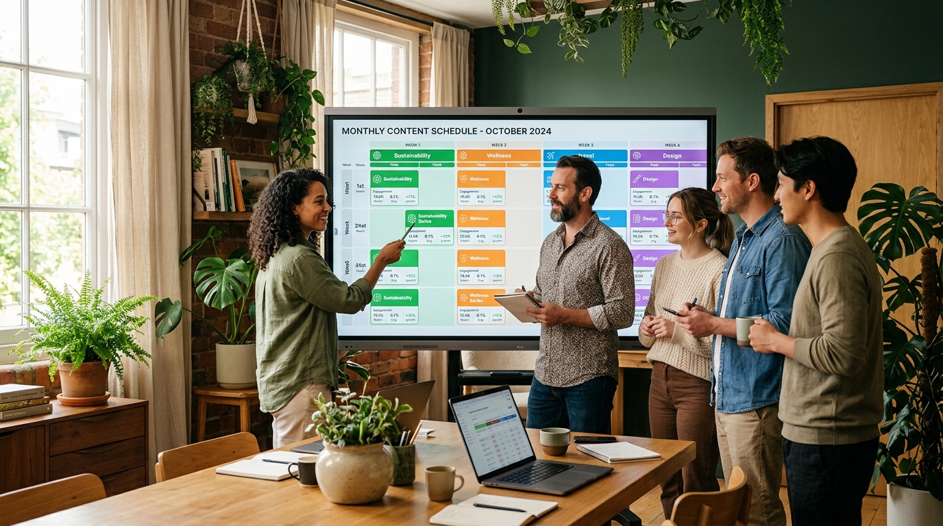 A small marketing team gathered around a large wall screen showing a monthly content schedule with colour-coded topic clusters and performance indicators, with plants and natural light in the office
