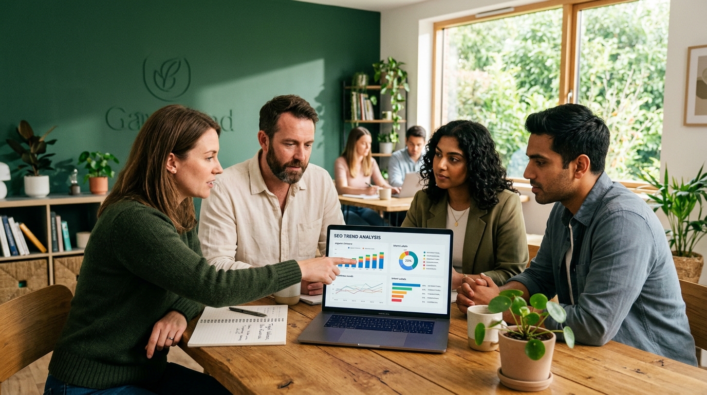 a marketing team reviewing search trend charts and intent labels on a laptop in a bright office