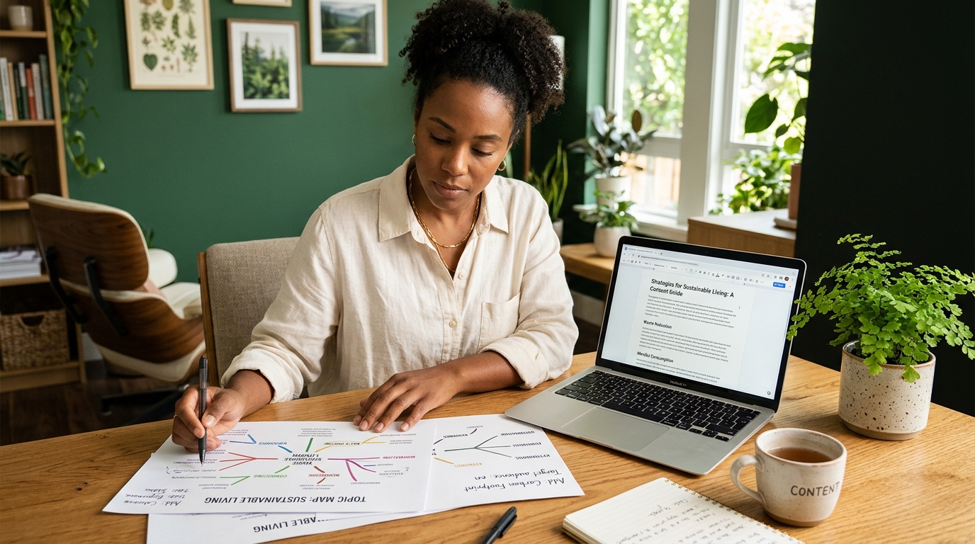 A bright editorial workspace where a content strategist reviews a printed topic map beside a laptop showing a draft article, with a small potted fern on the desk