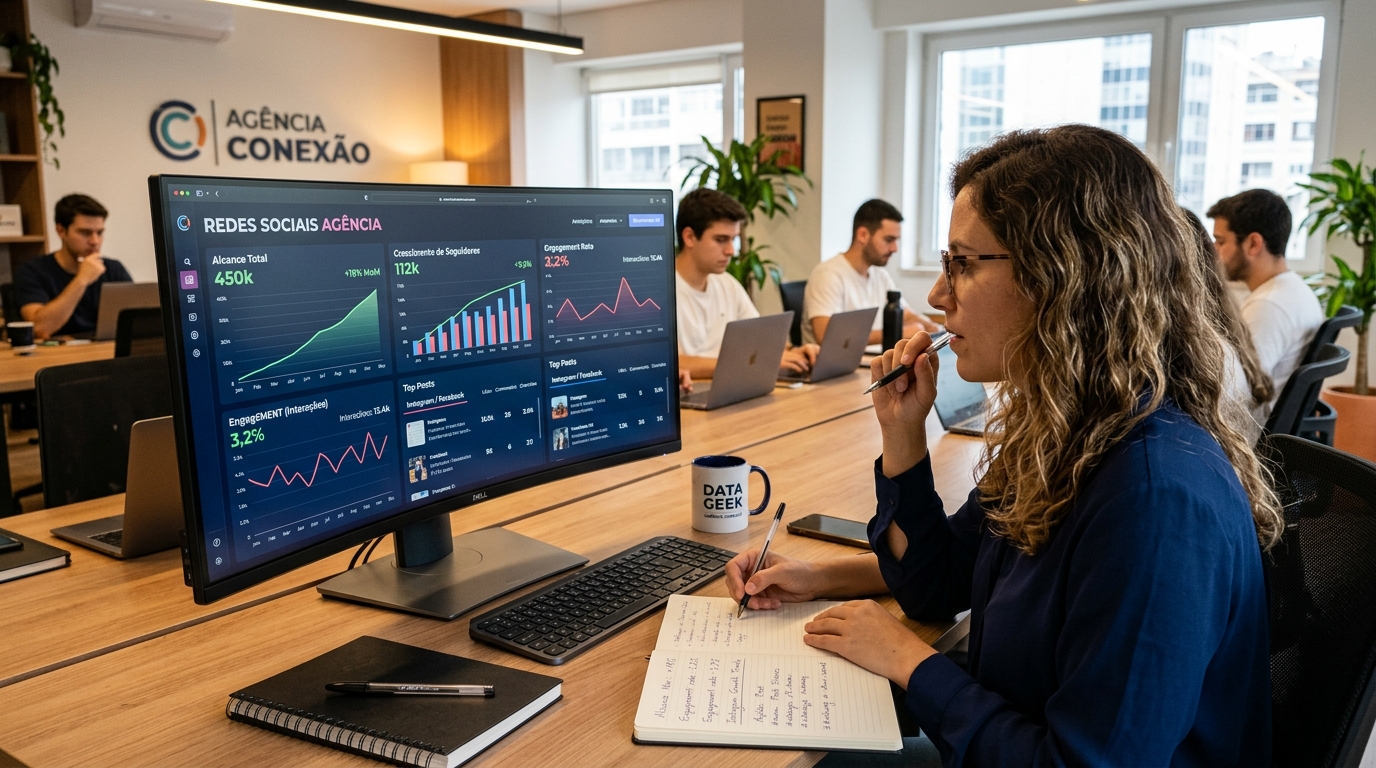 Fotografia de uma pessoa a analisar um painel de métricas de redes sociais num monitor, com gráficos de crescimento de alcance e envolvimento visíveis, caderno com anotações ao lado, ambiente de trabalho em agência digital moderna.