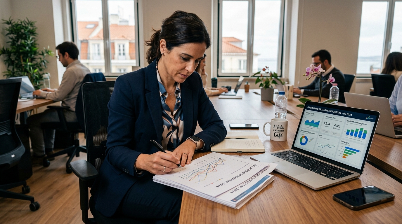 Fotografia de uma empresária portuguesa a analisar documentos e gráficos numa mesa de trabalho, com um computador a mostrar dashboards de marketing digital