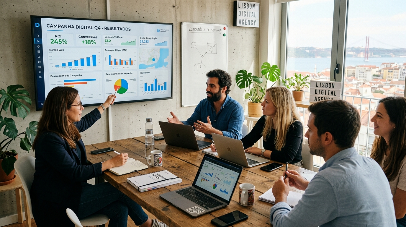 Fotografia de uma reunião de equipa pequena numa agência digital moderna em Lisboa, com um monitor a apresentar resultados de campanha e gráficos de desempenho, atmosfera profissional e colaborativa
