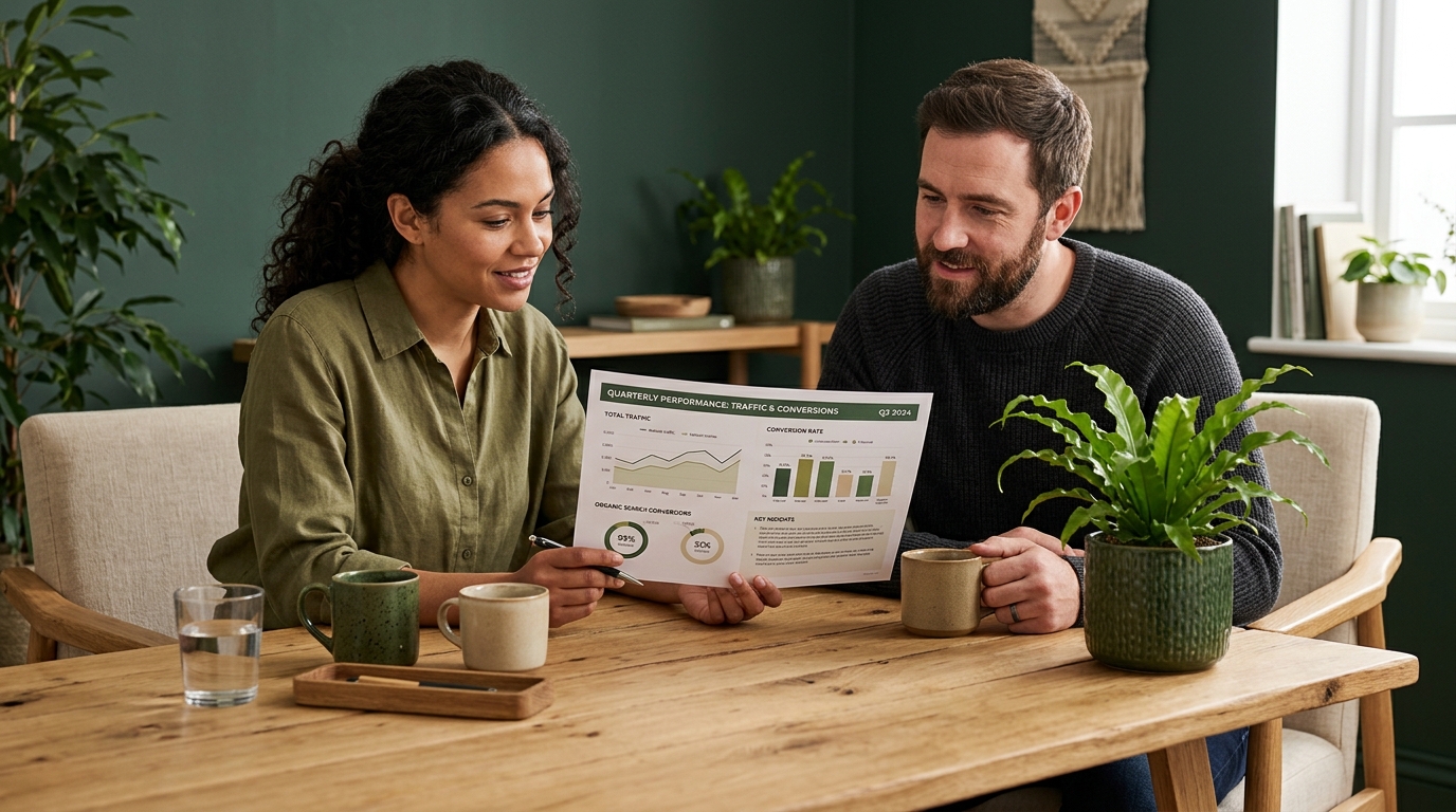 Two colleagues at a light wood table reading a printed performance dashboard with charts of traffic and conversions, a fern and coffee cups beside them