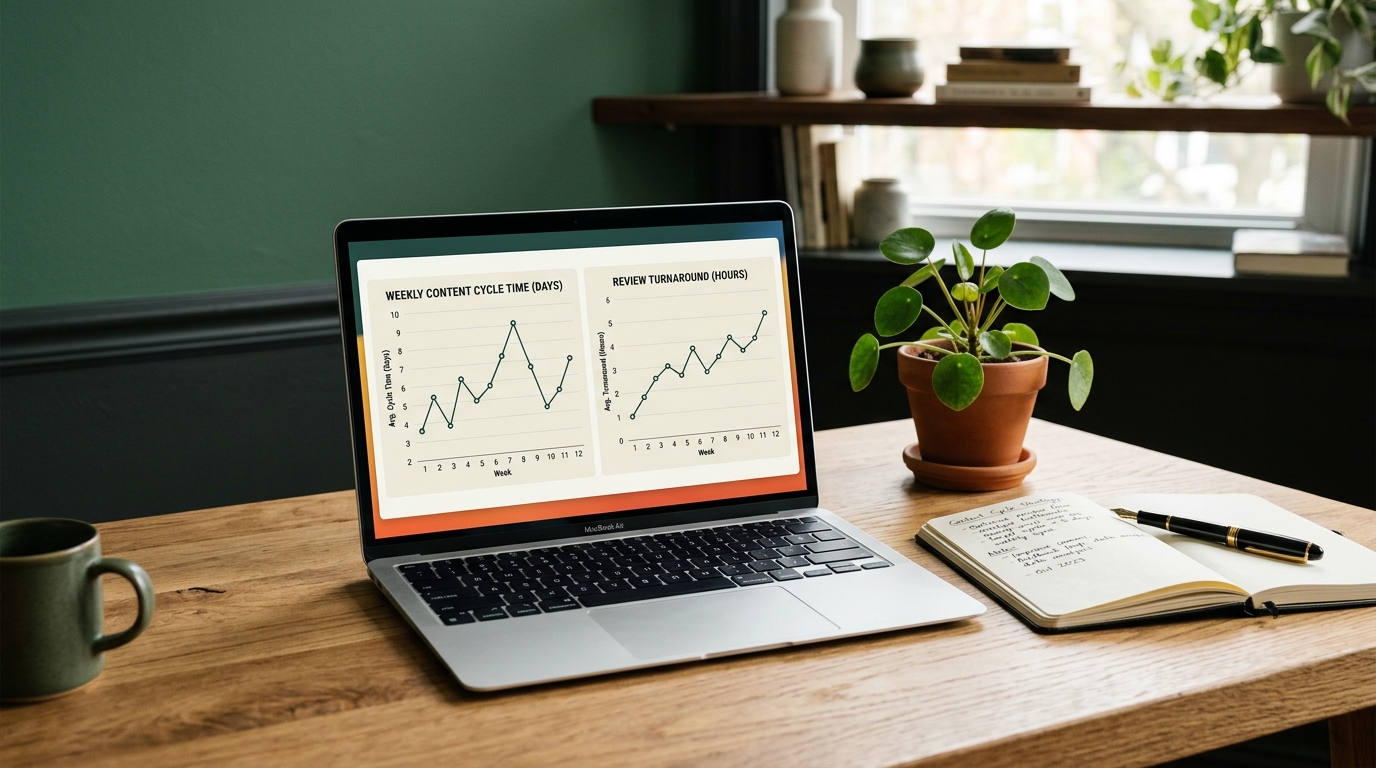 A laptop on a clean desk displaying line charts of weekly content cycle time and review turnaround, next to a notebook and a small green plant