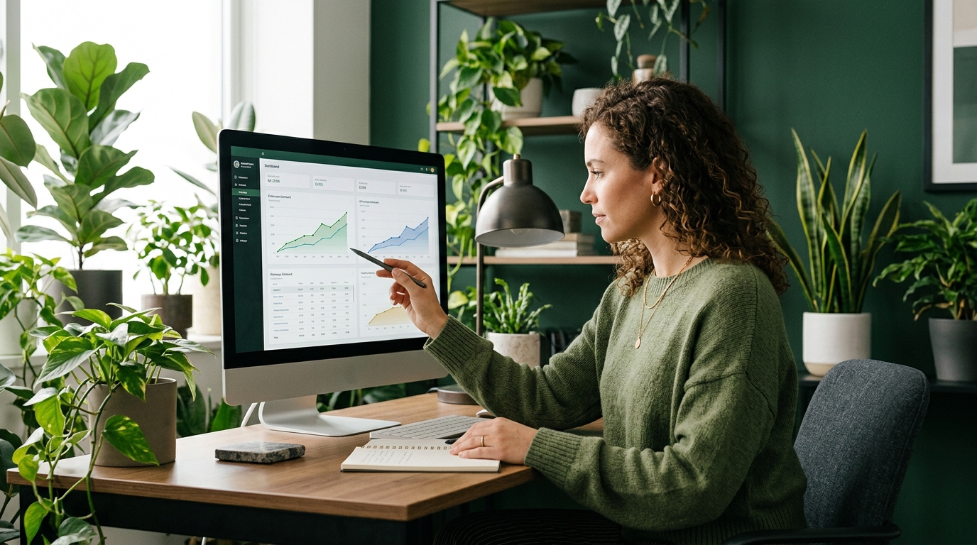 A team member reviewing a performance dashboard with rising line charts on a monitor in a bright, plant-filled office