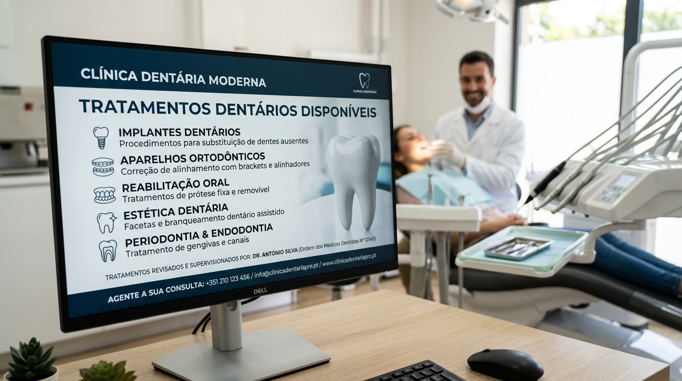 Ecrã de computador numa clínica dentária a mostrar um anúncio de tratamentos com texto objetivo, sem promessas de resultado, revisto por um médico dentista