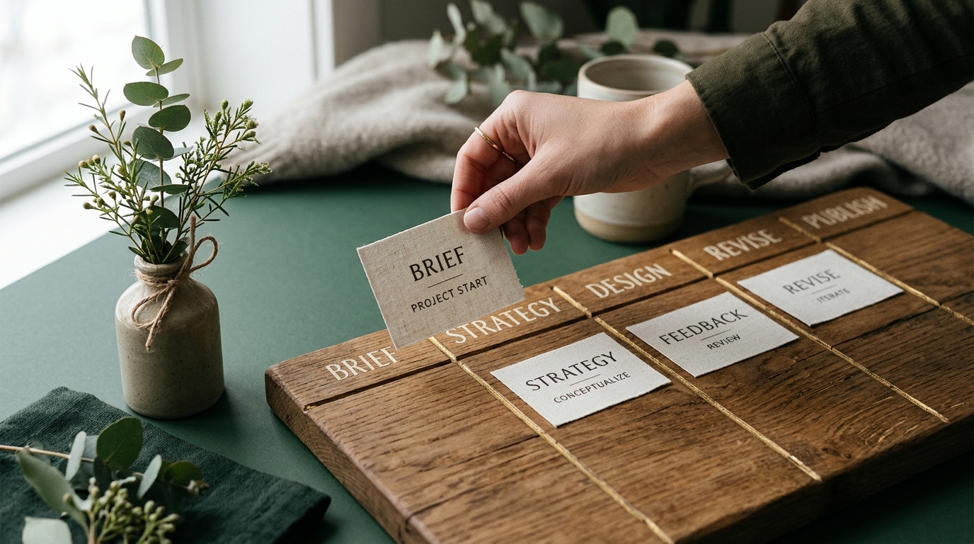 A hand placing a labeled card onto a wooden board divided into stages from brief to publish, with soft natural light and a small sprig of greenery nearby