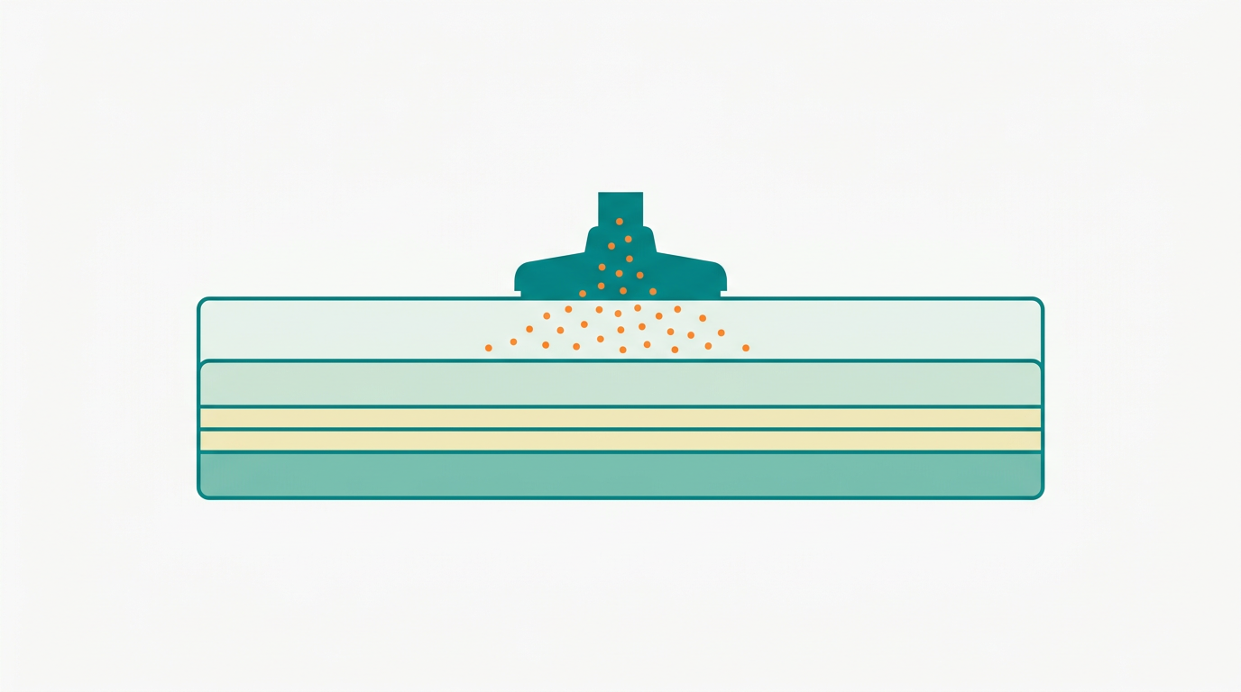Flat vector side-view diagram. A mattress rectangle (6:1 ratio) on an off-white (#F9F9F9) background, with a simplified vacuum nozzle shape in #008282 positioned above the top surface, touching it lightly. Small dot particles in #FF8A30 rise from the mattress surface toward the nozzle, indicating dust and allergen removal. The mattress has 3 layers outlined in #008282, top layer filled #CCE3D4, middle #F2E8B8, bottom #78C2B2. Generous whitespace, purely orthographic side view, no text.