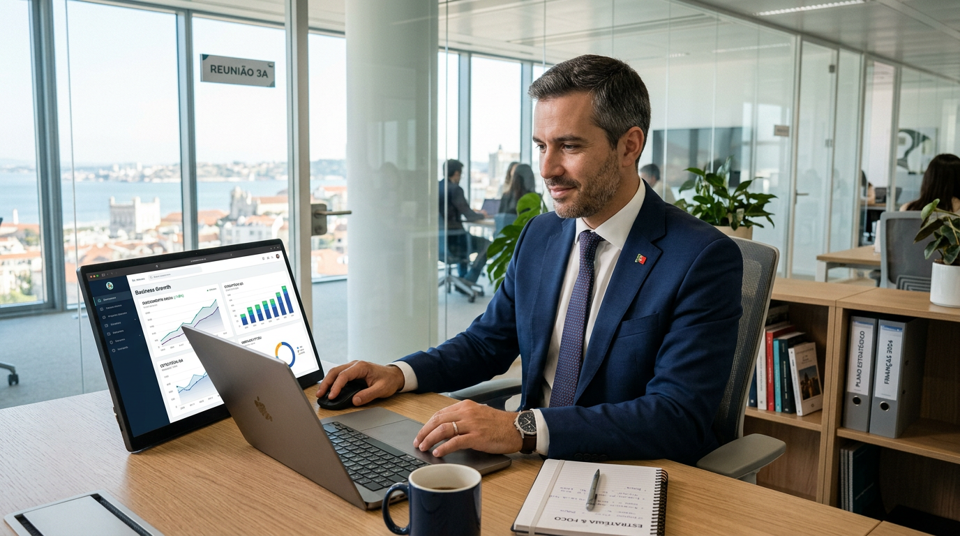Fotografia de um empresário português a trabalhar no computador portátil num escritório moderno e luminoso, com gráficos de crescimento visíveis no ecrã, transmitindo uma sensação de controlo e estratégia empresarial