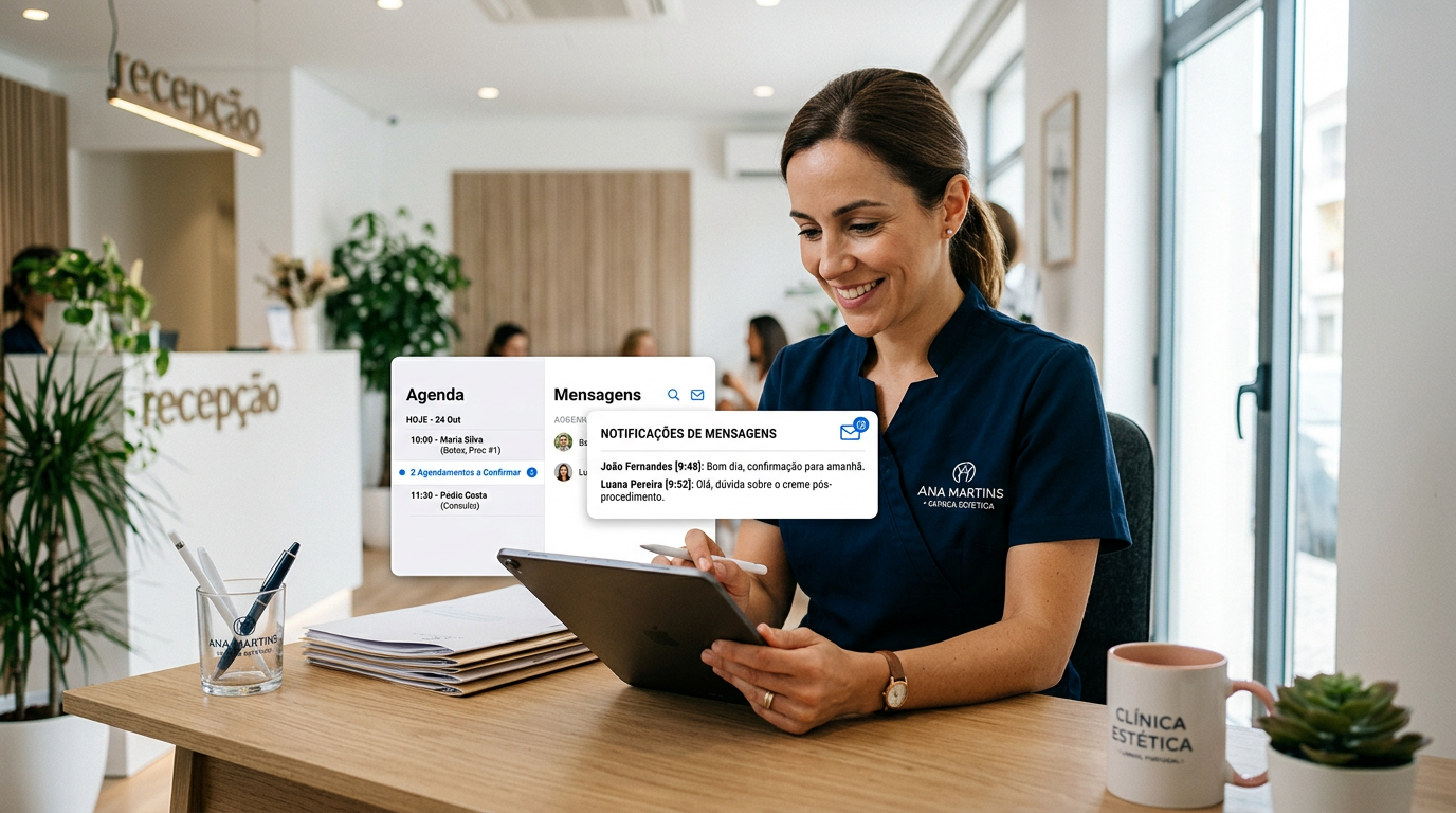 Fotografia de uma profissional de clínica estética a utilizar um tablet numa secretária organizada, com notificações de mensagens e agendamentos visíveis no ecrã, transmitindo eficiência e modernidade