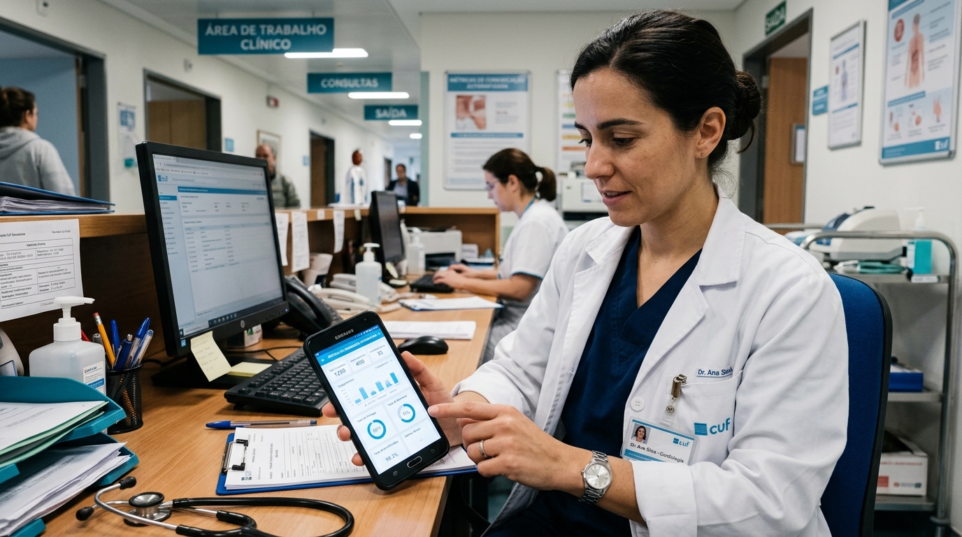 Fotografia de um profissional de saúde a analisar métricas de comunicação automatizada num smartphone, com um dashboard digital visível no ecrã, num ambiente de trabalho clínico