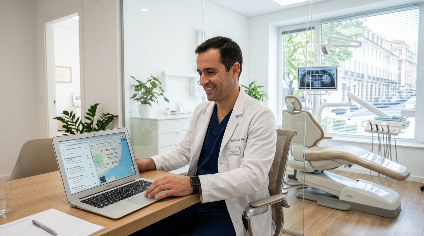 Fotografia de um médico dentista numa clínica moderna e luminosa em Portugal, com um computador portátil aberto à sua frente a mostrar resultados de pesquisa do Google Maps com clínicas locais destacadas no ecrã