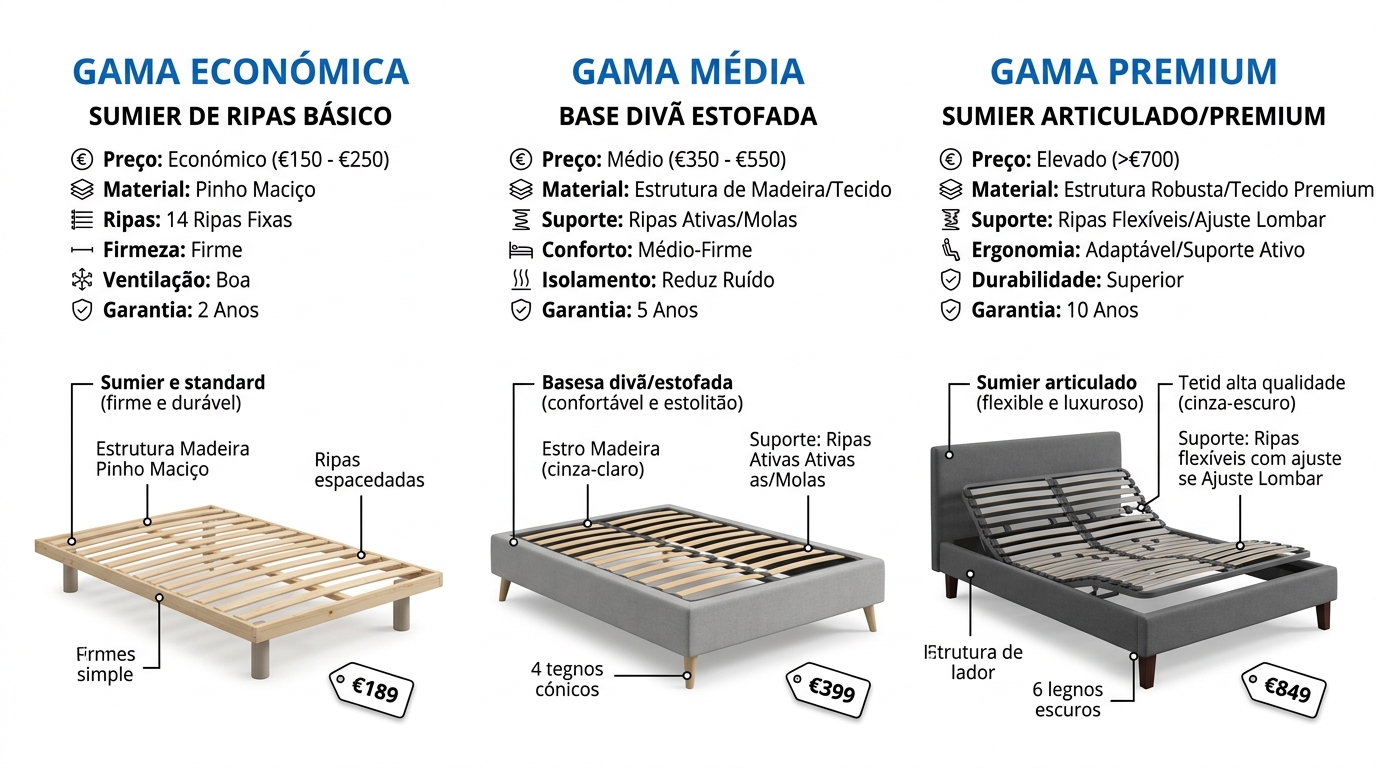 Composição visual de três tipos de base para colchão em diferentes gamas de preço, fundo branco, aspeto de comparação de produto com etiquetas de características