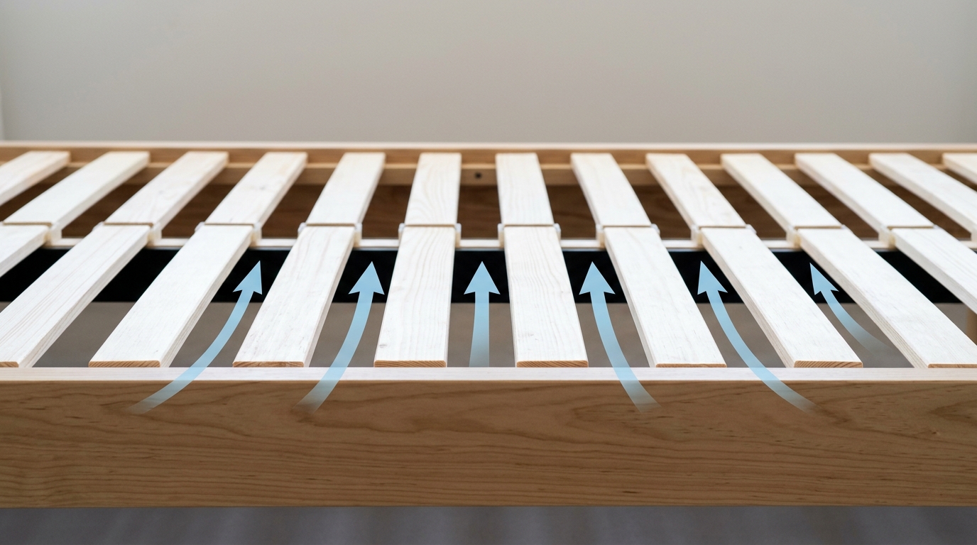 Vista de perfil de um estrado de ripas em madeira clara sobre estrutura de cama, mostrando o espaçamento entre as ripas e as setas indicativas do fluxo de ar, fundo neutro e iluminação clara