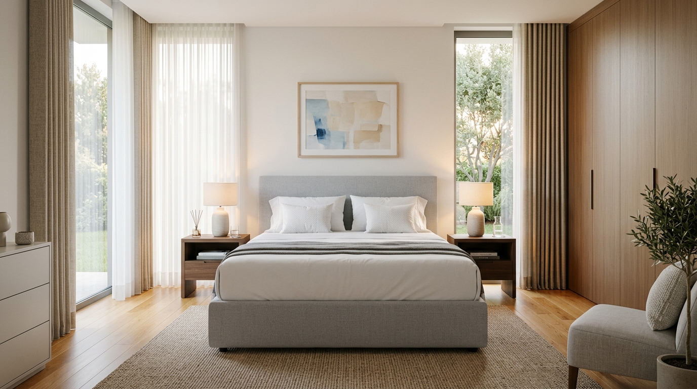 Vista de quarto de casal arrumado e moderno com cama de casal, sommier forrado em tecido cinzento claro, colchão branco sobre ele, iluminação suave e ambiente sereno