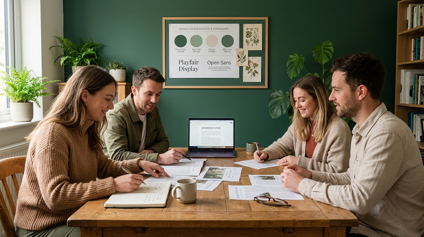 a content team around a wooden table reviewing printed articles and a laptop, with a single colour palette and typography sample board pinned behind them
