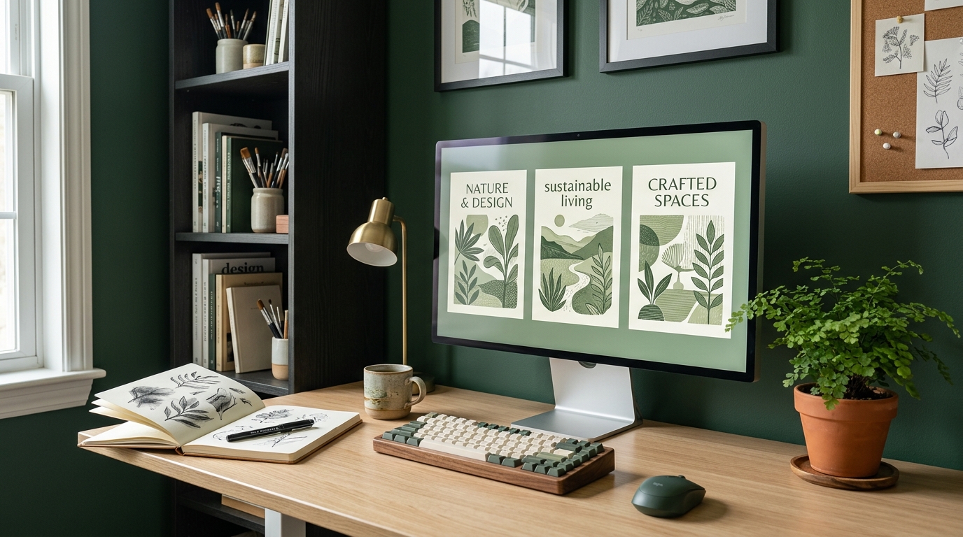 A designer's desk showing three matching article illustrations in a calm green and cream palette on a monitor, beside a sketchbook and a small potted fern