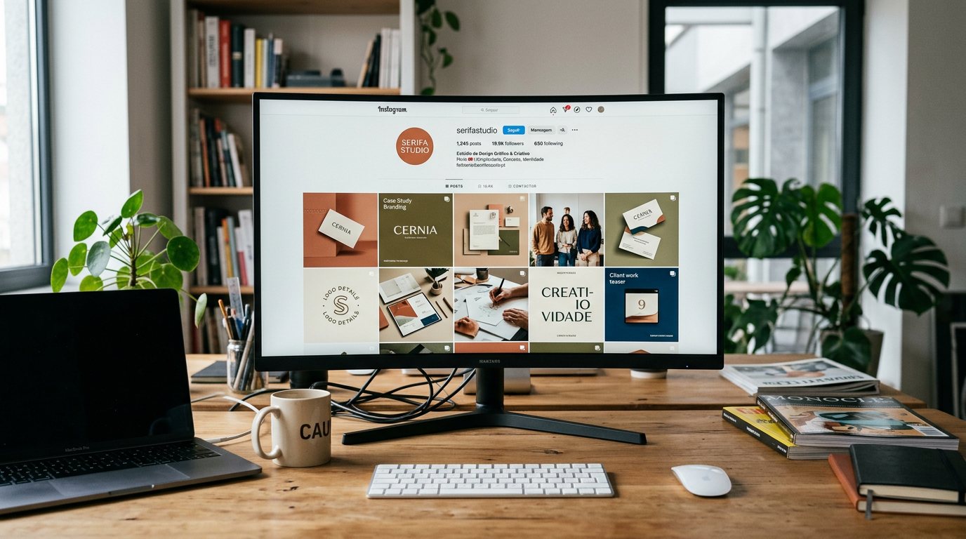 Fotografia de um ecrã de computador a mostrar um feed de Instagram de uma PME com identidade visual consistente e cuidada, num ambiente de estúdio de design profissional