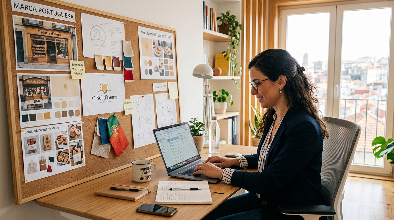 Fotografia de uma empreendedora portuguesa numa secretária organizada, a trabalhar num computador portátil com referências visuais de marca afixadas numa cortiça ao fundo, em ambiente de escritório luminoso