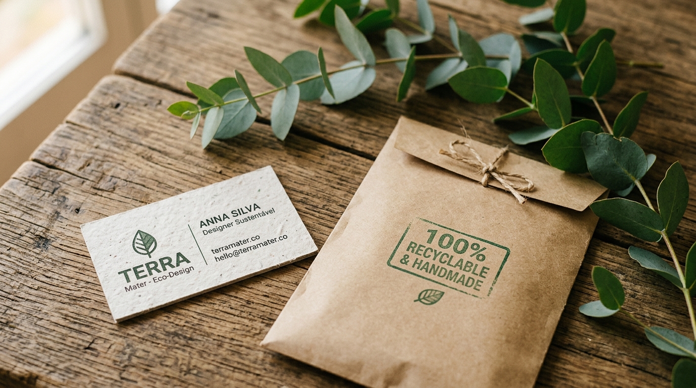 Fotografia de materiais de branding ecológicos sobre uma superfície de madeira rústica: um cartão de visita em papel reciclado com textura visível, uma embalagem em papel kraft com um carimbo de tinta verde, e folhas de eucalipto frescas como elemento decorativo natural. Luz quente e ambiente artesanal e contemporâneo.