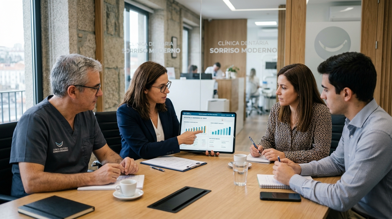 Equipa de gestão de uma clínica dentária a analisar gráficos financeiros num tablet durante uma reunião
