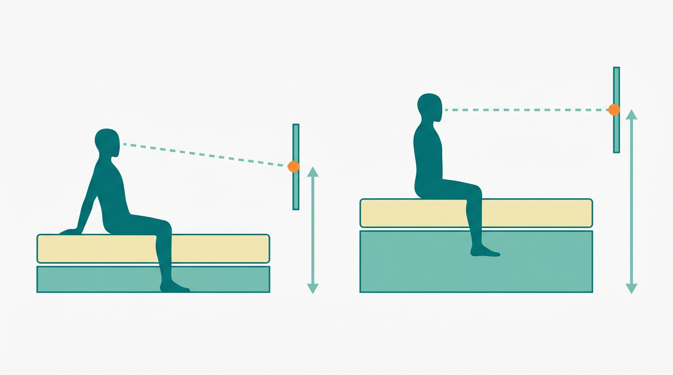 Flat vector side-view diagram on #F9F9F9 background showing two scenarios side by side: on the left, a lower bed (mattress rectangle in #F2E8B8 outlined in #008282 on a short base in #78C2B2) with a faceless silhouette in #008282 sitting up, eye-level dashed line in #78C2B2 pointing to a TV rectangle centered at ~1.10m height (center dot in #FF8A30); on the right, a taller bed with sommier (base rectangle taller in #78C2B2, mattress in #F2E8B8) with a silhouette at higher seated eye level, dashed line pointing to TV centered at ~1.40m (center dot in #FF8A30). Two vertical measurement arrows in #78C2B2 show the different floor-to-center heights. Generous whitespace, no text, purely orthographic.