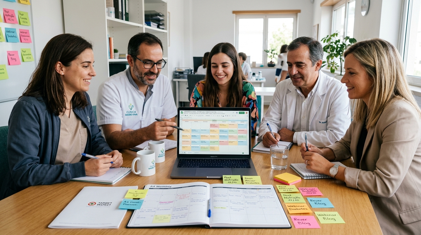 Equipa de uma clínica reunida em torno de uma mesa a rever um calendário editorial mensal num portátil, com notas adesivas e uma agenda