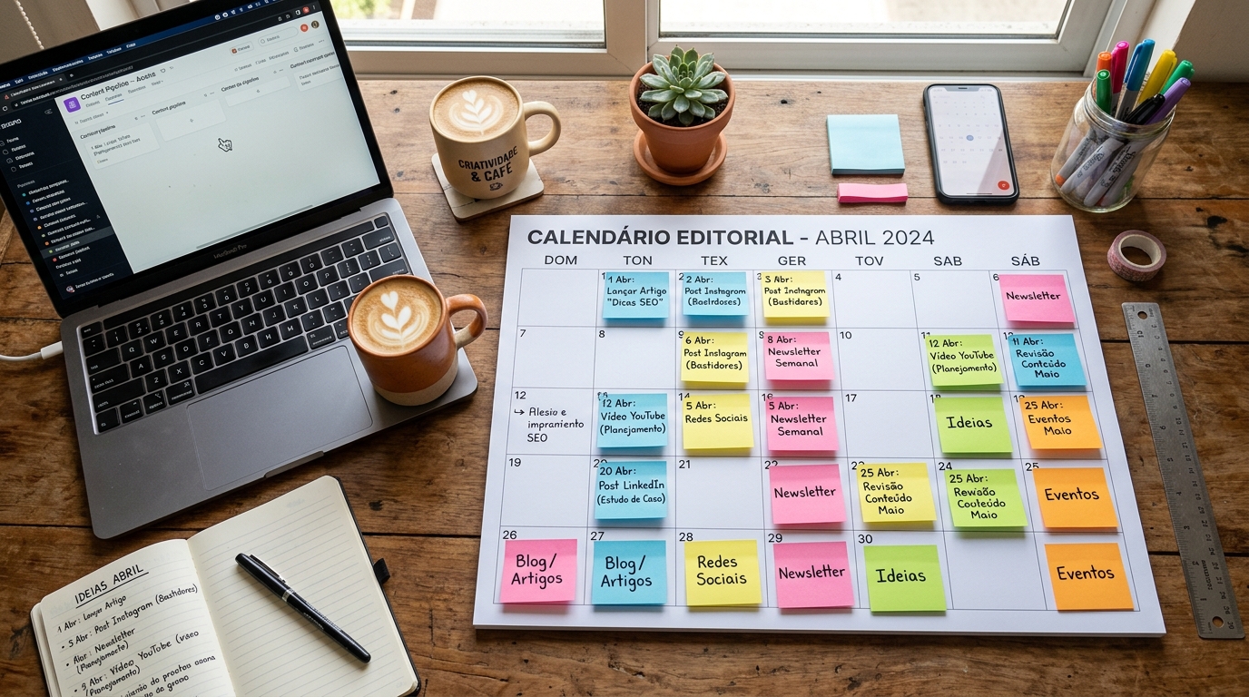 Uma vista de cima de uma secretária de trabalho com um calendário editorial físico, post-its coloridos com temas de conteúdo, um computador portátil aberto e uma chávena de café, ambiente criativo e organizado