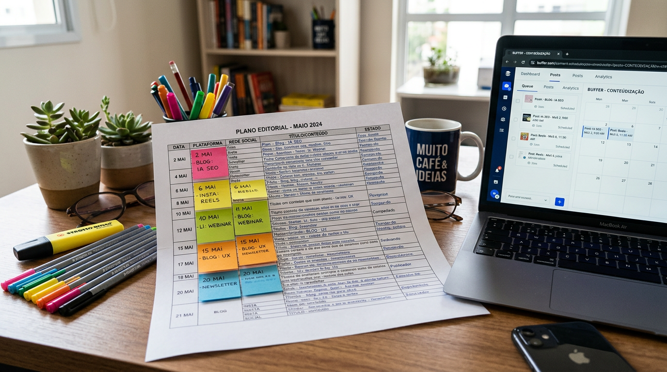 Fotografia de uma planilha de calendário editorial impressa sobre uma secretária, com post-its coloridos a marcar datas de publicação, canetas coloridas e um computador portátil ao fundo com uma plataforma de agendamento de conteúdo no ecrã.