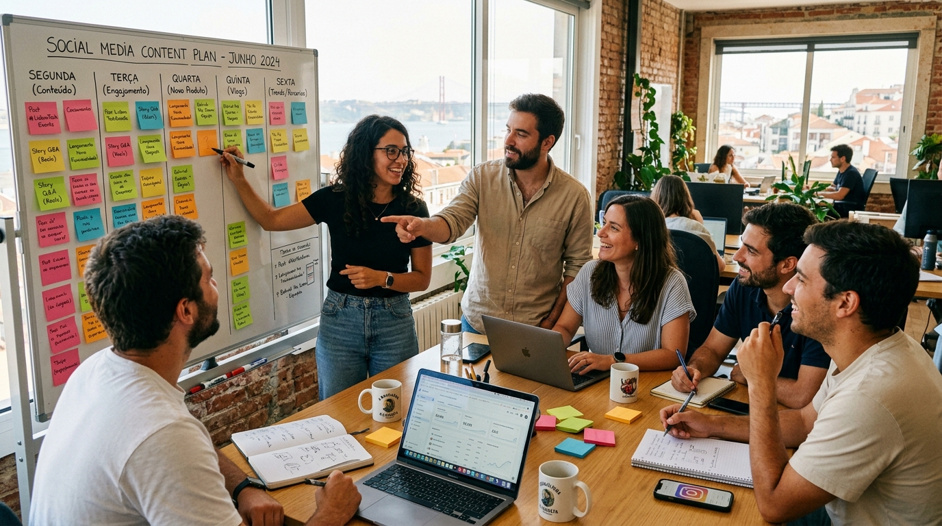 Fotografia de uma equipa pequena reunida à volta de uma mesa com post-its coloridos num quadro branco a planear conteúdo para redes sociais, ambiente de startup em Lisboa