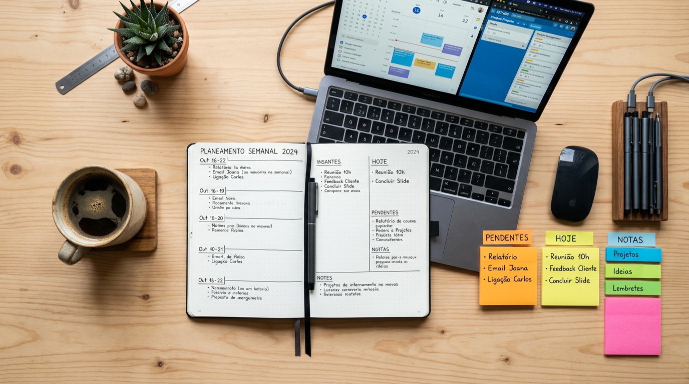 Vista de cima de uma secretária de escritório moderno com um caderno de planeamento aberto, um computador portátil, uma chávena de café e post-its coloridos organizados sobre uma mesa de madeira clara, ambiente de trabalho produtivo e organizado