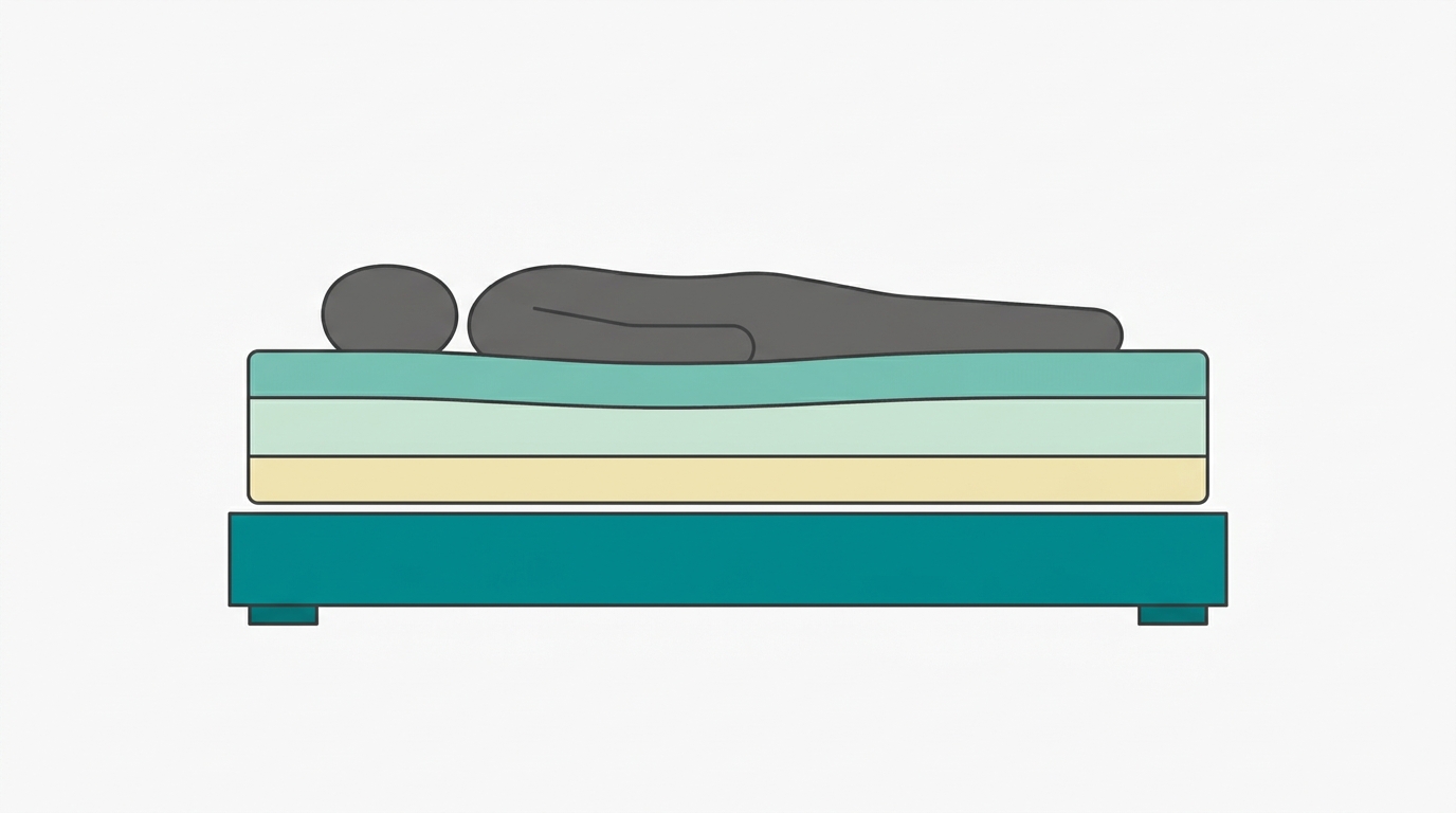Vista lateral de um sistema completo de cama de casal: uma base retangular baixa em teal (#008282), colchão sobreposto representado como retângulo com 3 camadas visíveis preenchidas em #F2E8B8, #CCE3D4 e #78C2B2, e duas silhuetas faceless deitadas sobre o colchão. Fundo em #F9F9F9 com composição centrada, whitespace generoso, estilo diagrama editorial minimalista.