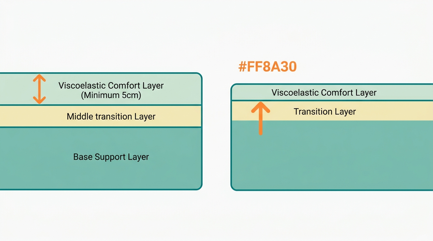 Flat vector cross-section diagram of a mattress in 6:1 landscape ratio showing 3 distinct horizontal layers. Top layer labeled by height in #CCE3D4 (viscoelastic comfort layer, minimum 5cm), middle transition layer in #F2E8B8, base support layer in #78C2B2. Layer outlines in #008282, background #F9F9F9. Orange #FF8A30 indicator arrow showing insufficient thin top layer on a second comparative mattress silhouette to the right.