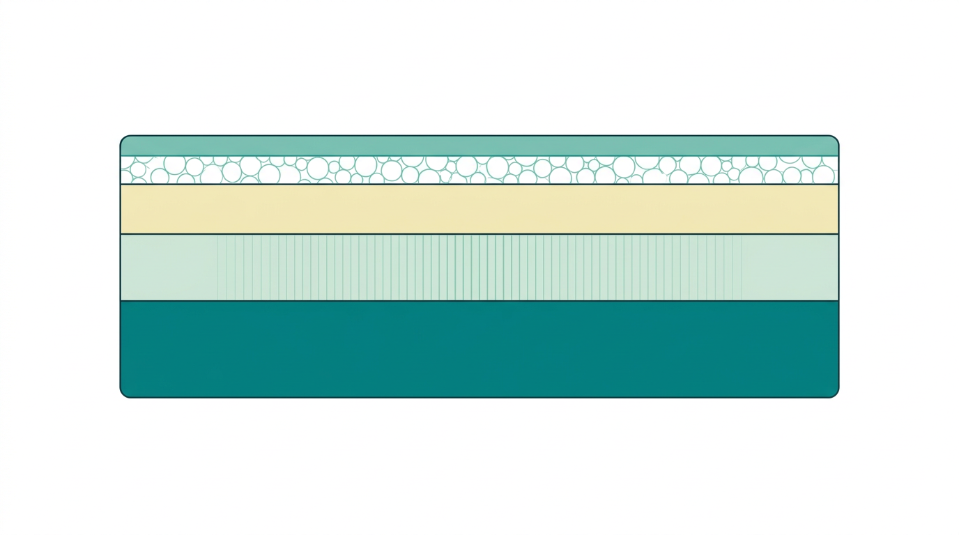 Flat vector cross-section diagram of a mattress with 4 distinct horizontal layers. Top layer filled in #78C2B2 (Airgocell, thin and open-structured), second layer in #F2E8B8 (memory foam, medium thickness), third layer showing a pale mint zone #CCE3D4 with subtle vertical lines indicating airflow, bottom base layer in #008282 (dense support foam, thickest). No text. 16:9 landscape, centered, generous whitespace, orthographic side view, Scandinavian flat style.