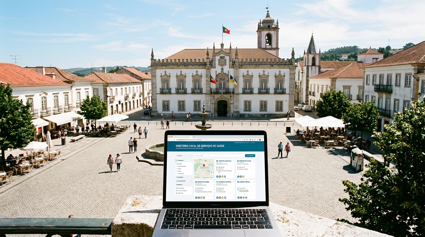 Fotografia aérea de uma praça de câmara municipal portuguesa num dia ensolarado, com edifício histórico ao fundo e computador portátil em primeiro plano aberto numa página de diretório local de serviços de saúde