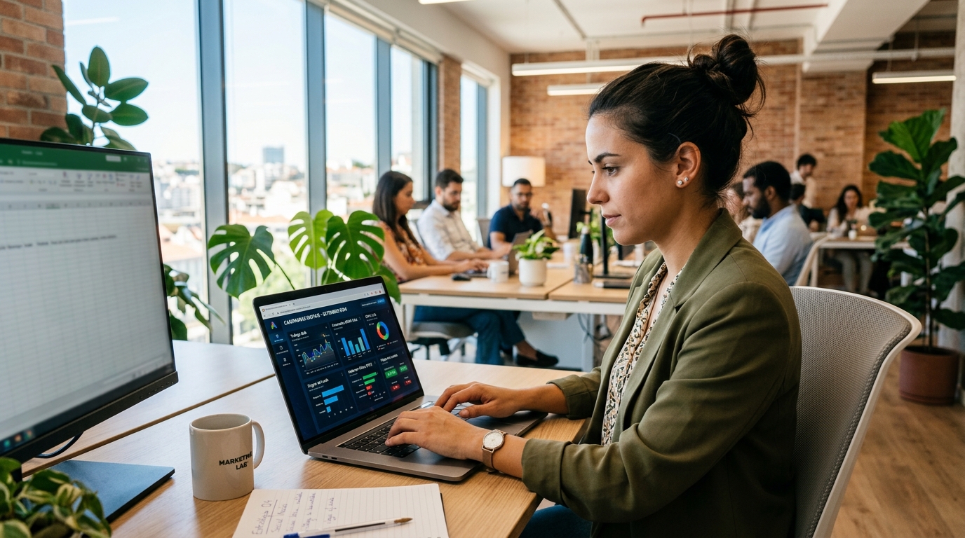 Fotografia de um profissional de marketing a trabalhar num laptop com dashboards de campanhas digitais visíveis no ecrã, em ambiente de escritório moderno e luminoso