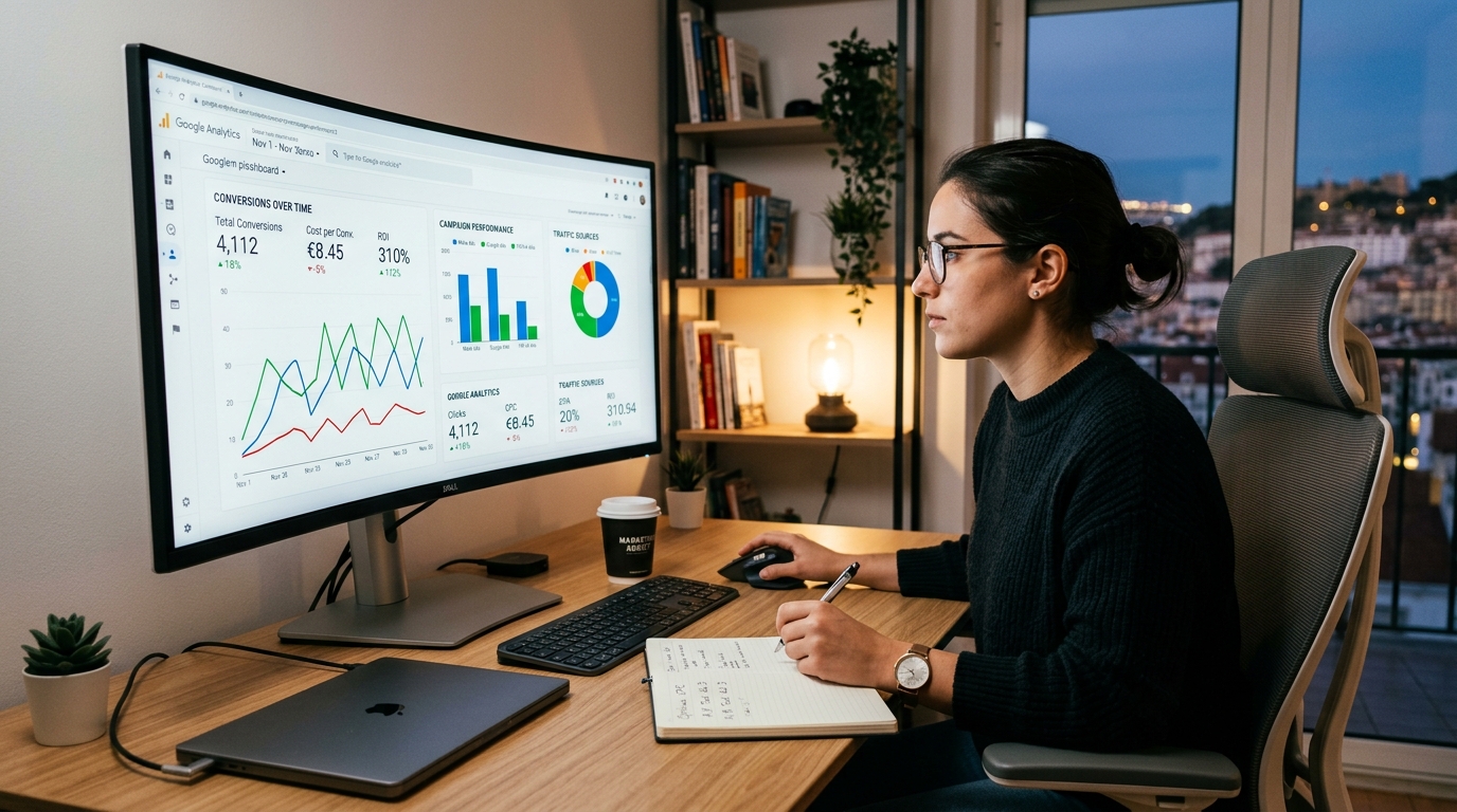 Fotografia de uma pessoa a analisar métricas de campanhas digitais num ecrã de computador, com gráficos de desempenho visíveis, numa mesa de trabalho moderna e organizada