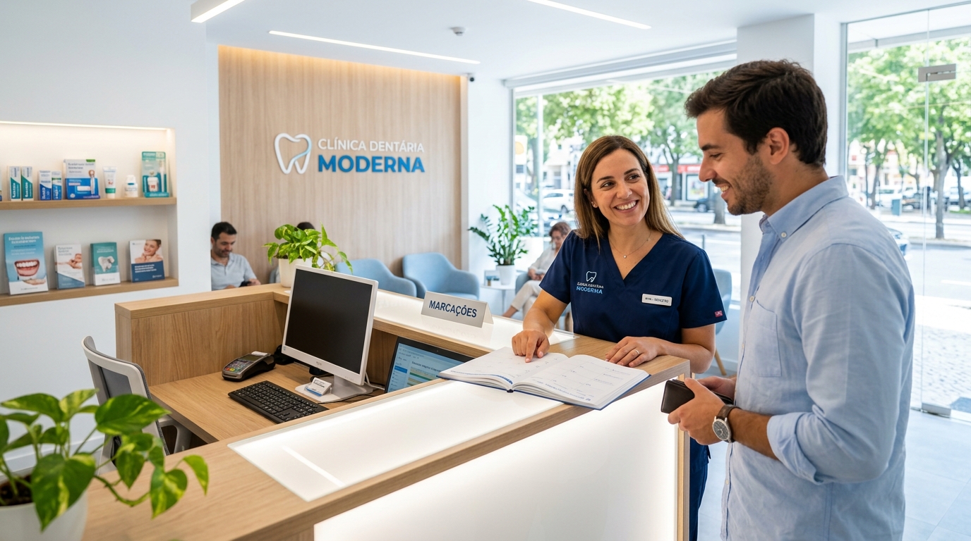 Fotografia de uma clínica dentária moderna e acolhedora em Portugal, com uma recepcionista a sorrir enquanto atende um paciente em balcão iluminado, ambiente clean e profissional, tons claros de branco e azul