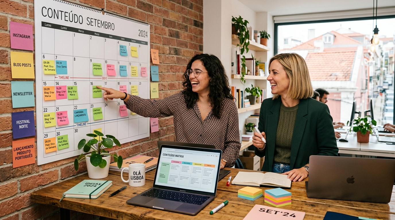 Pequena equipa de dois profissionais a planear campanha de conteúdo numa mesa com post-its e calendário de parede, ambiente de escritório moderno em Portugal, postura colaborativa e entusiasmada