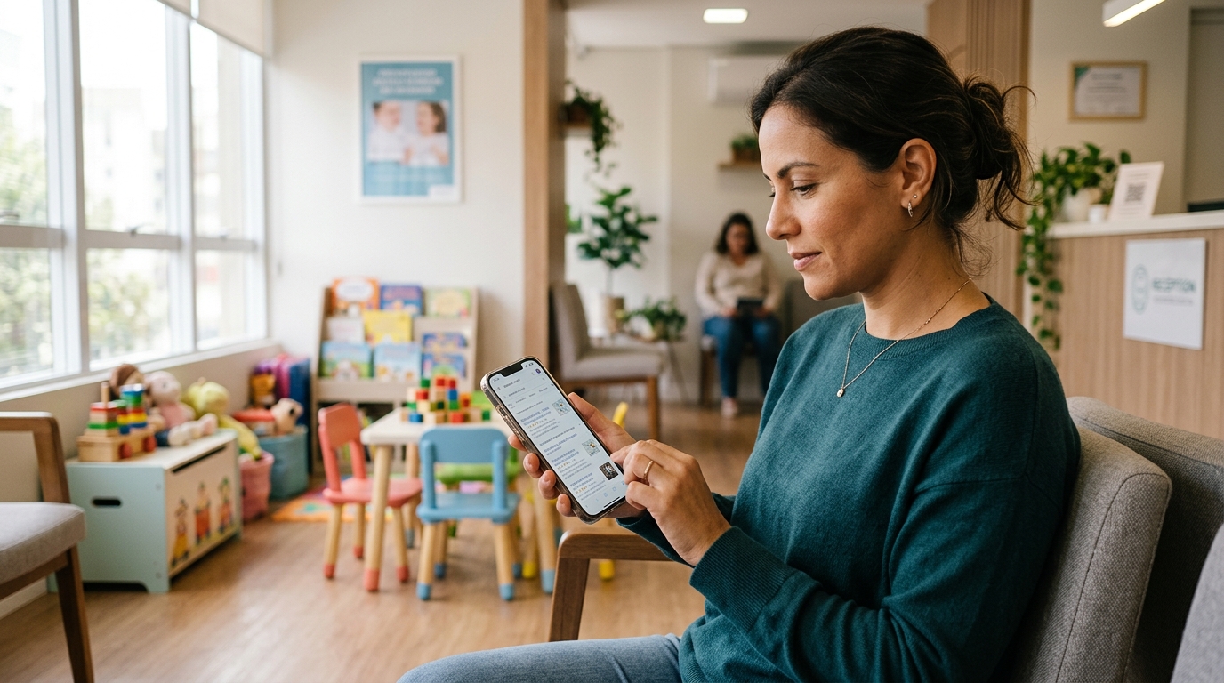 Pessoa adulta a usar um telemóvel com resultados de pesquisa no ecrã relacionados com dentista infantil, numa sala de espera clínica com brinquedos ao fundo, luz natural e ambiente tranquilo